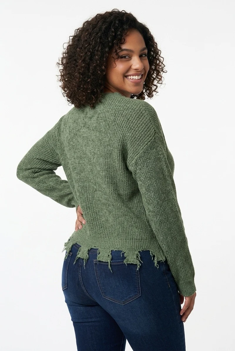 Stylish Sisters Distressed Frayed Hem Pullover Knit Sweater Top - Green