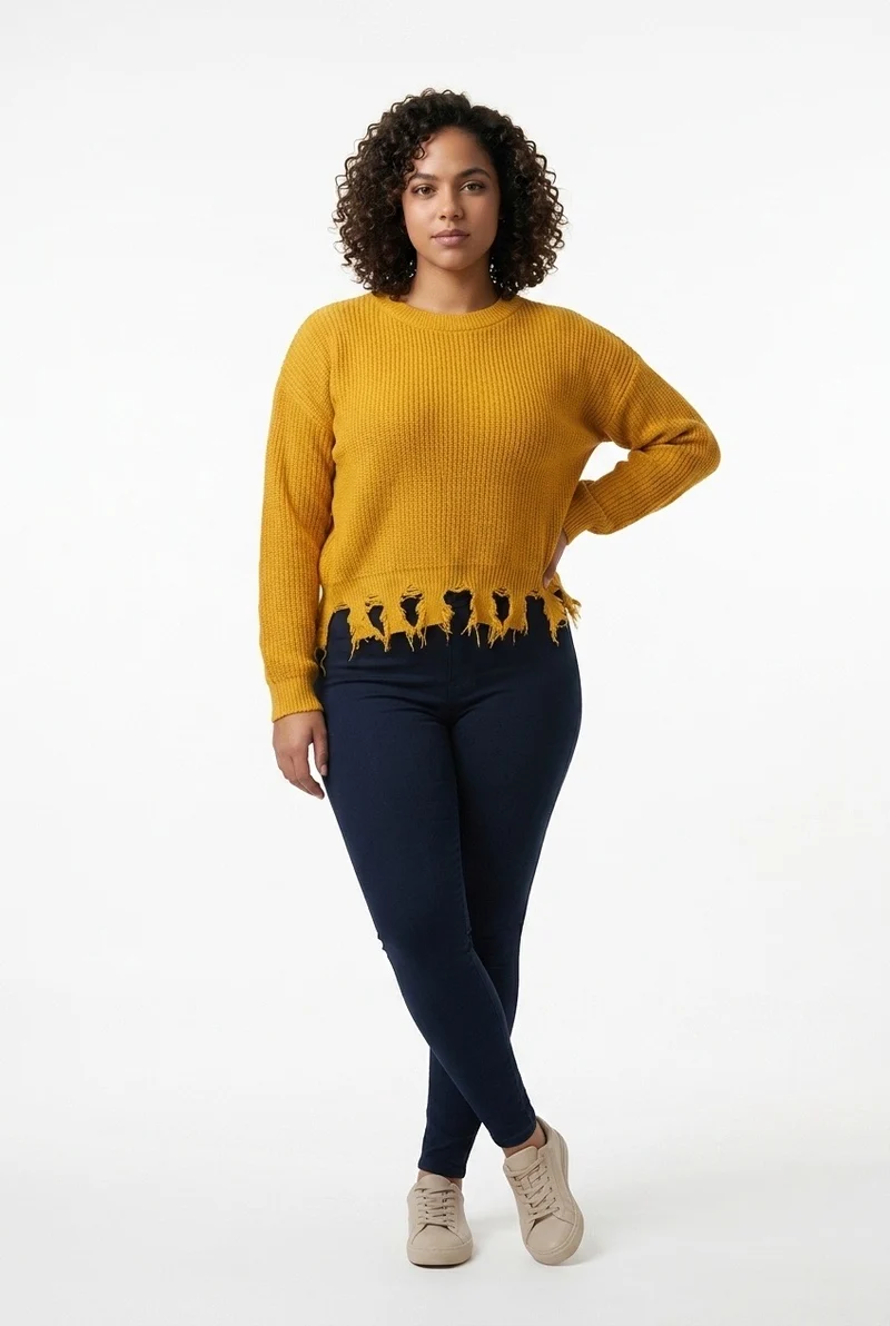 Stylish Sisters Distressed Frayed Hem Pullover Knit Sweater Top - Mustard Yellow