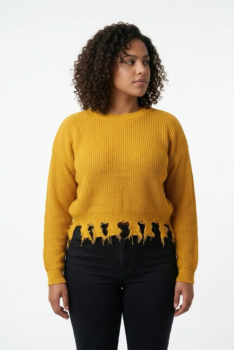 Stylish Sisters Distressed Frayed Hem Pullover Knit Sweater Top - Mustard Yellow