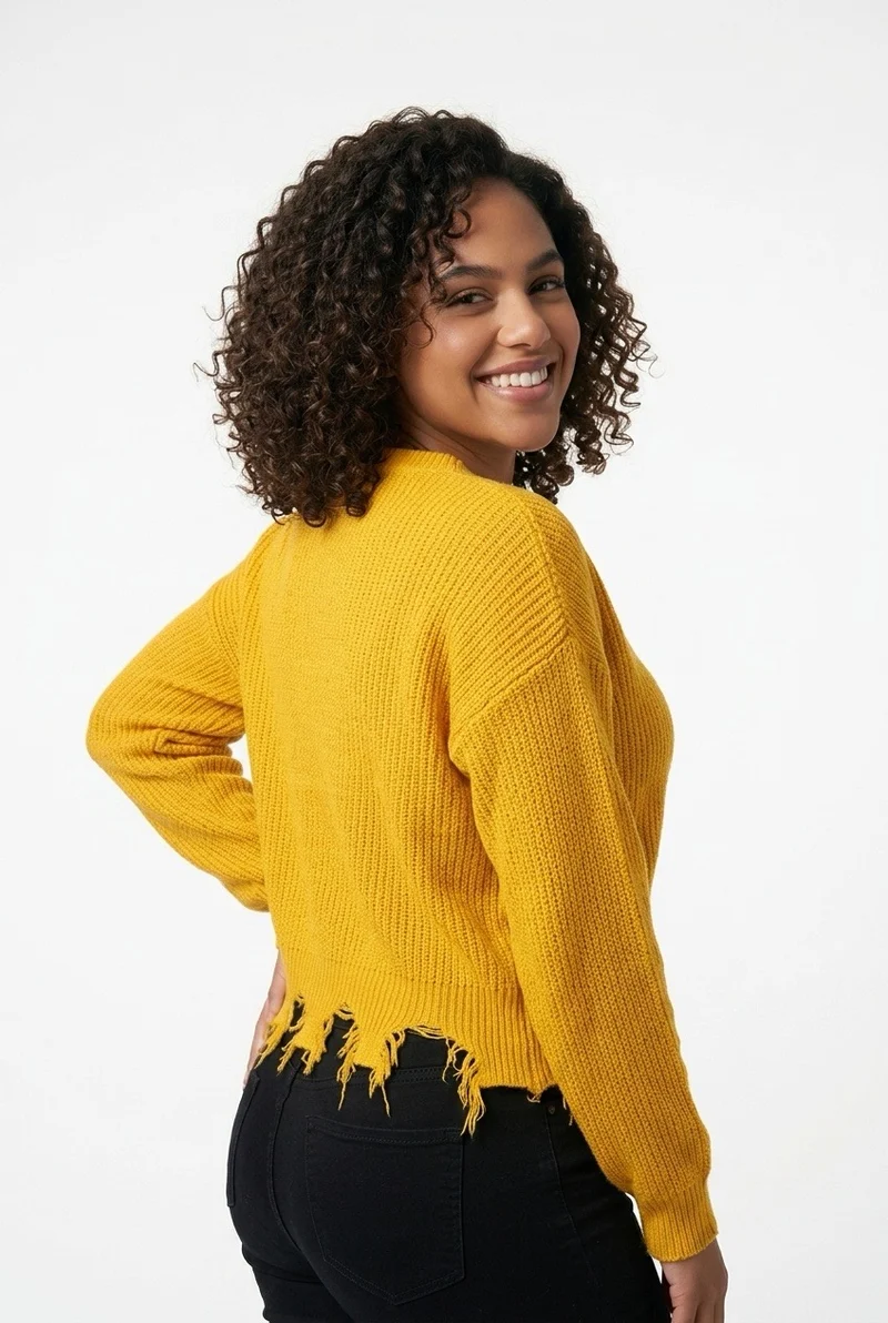 Stylish Sisters Distressed Frayed Hem Pullover Knit Sweater Top - Mustard Yellow