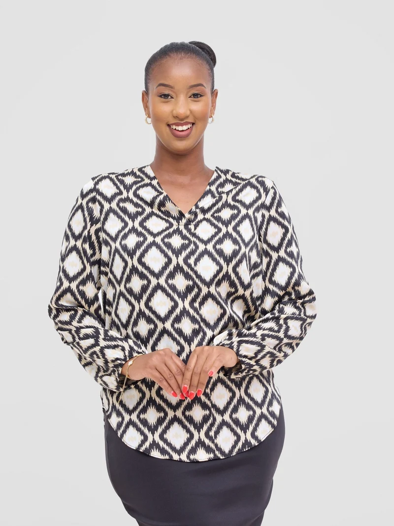 Vivo Dua Satin Bishop Sleeve Top - Beige / Black Ala Print