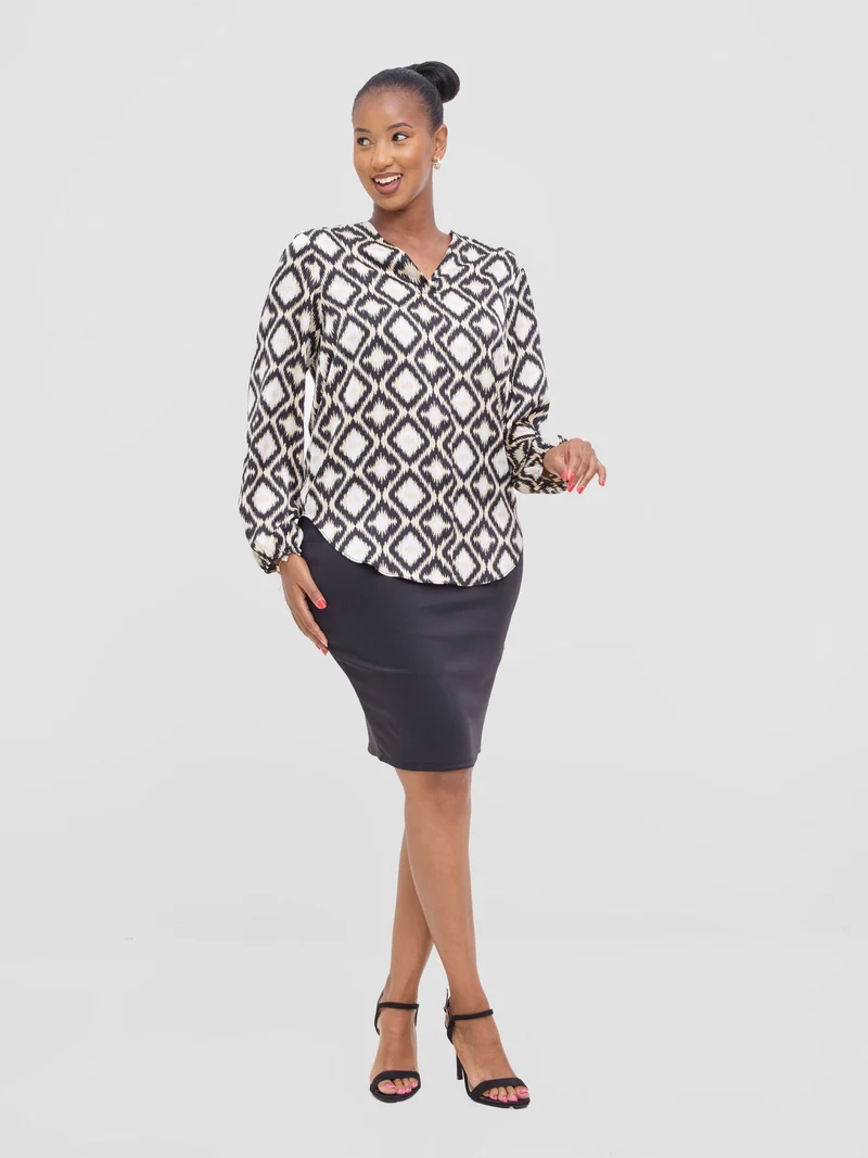 Vivo Dua Satin Bishop Sleeve Top - Beige / Black Ala Print