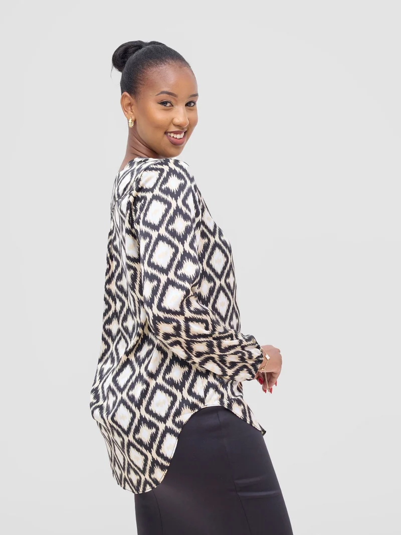 Vivo Dua Satin Bishop Sleeve Top - Beige / Black Ala Print