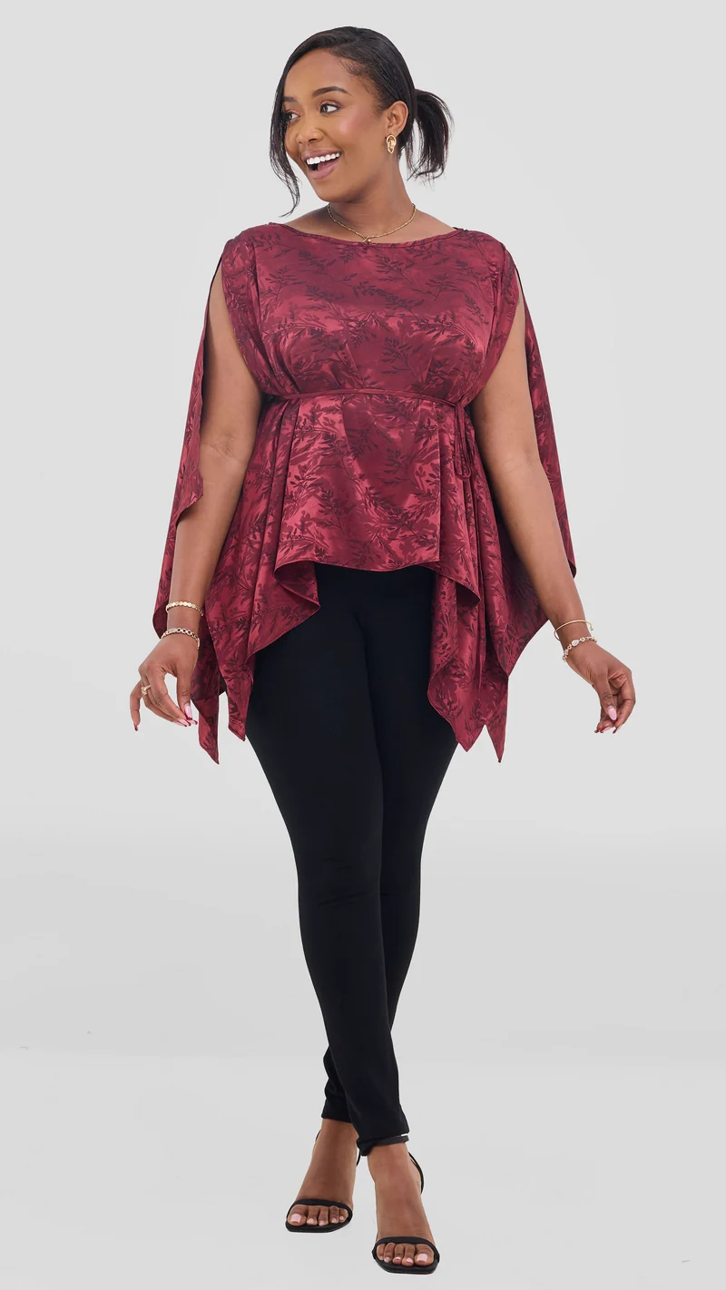 Vivo Multiway Short Kimono in Satin - Burgundy Textured Print