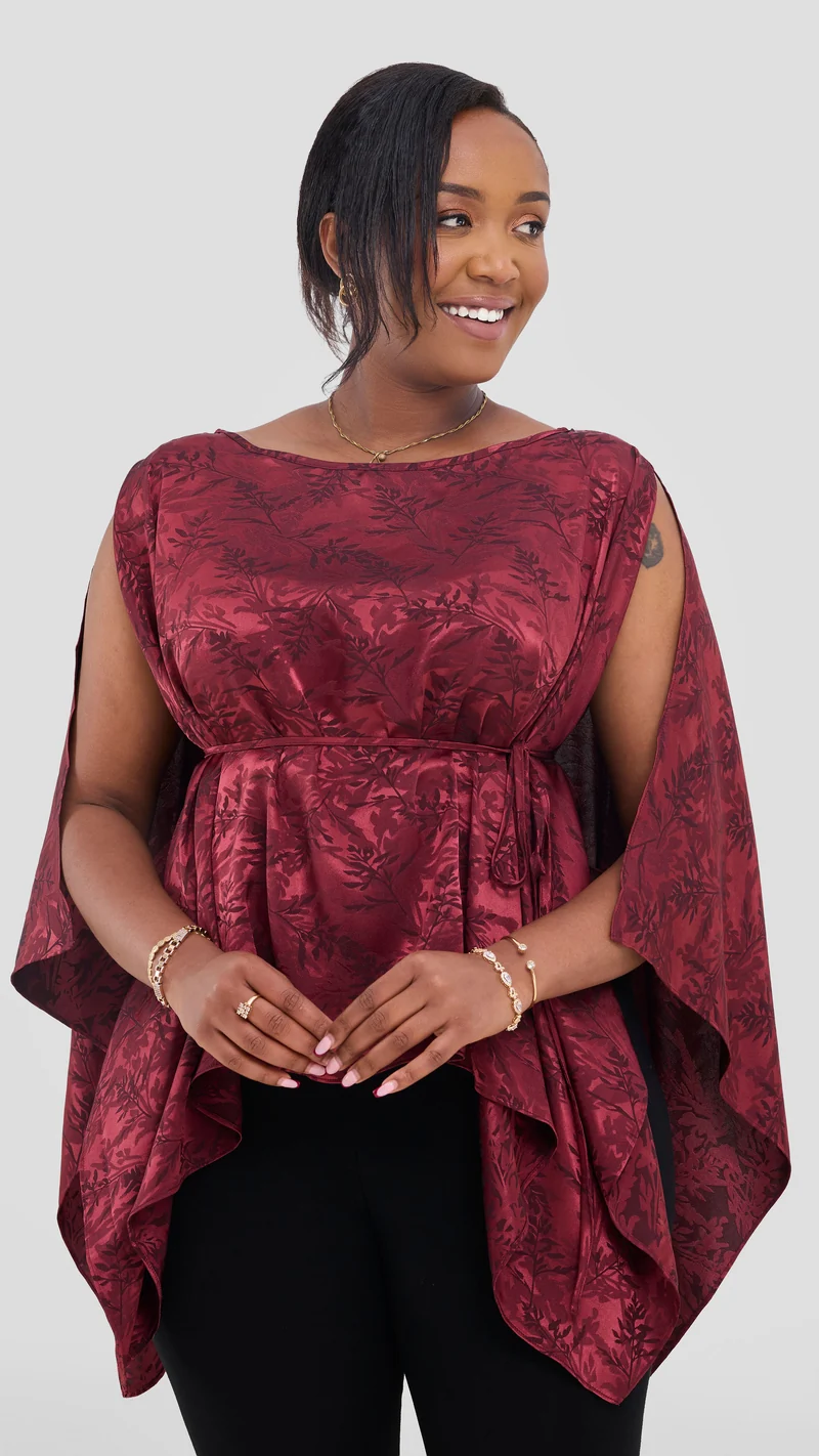 Vivo Multiway Short Kimono in Satin - Burgundy Textured Print