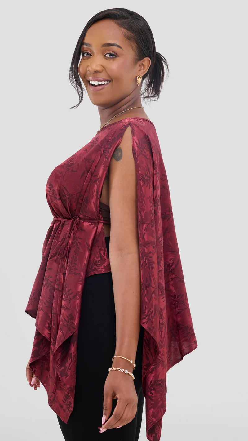 Vivo Multiway Short Kimono in Satin - Burgundy Textured Print