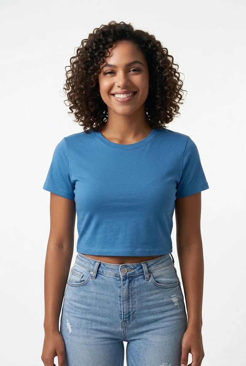 Stylish Sisters Classic Crewneck Short Sleeve Crop Top - Teal Blue