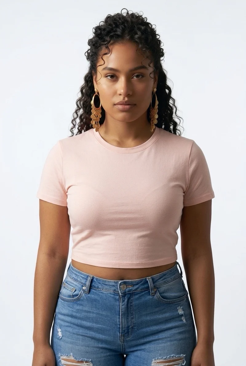 Stylish Sisters Classic Crewneck Short Sleeve Crop Top - Peach