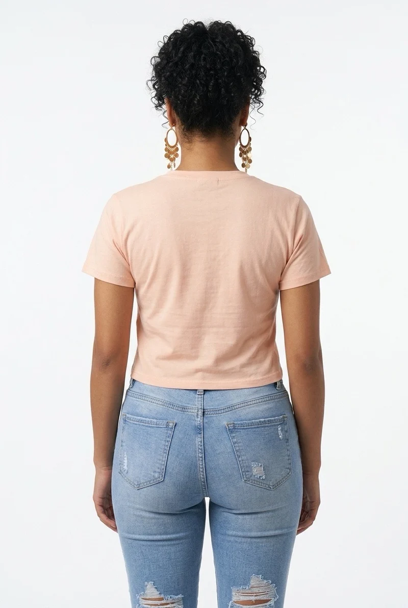 Stylish Sisters Classic Crewneck Short Sleeve Crop Top - Peach