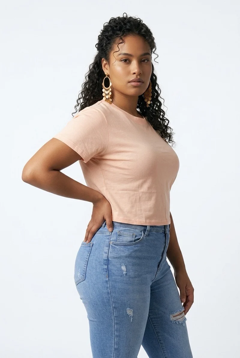 Stylish Sisters Classic Crewneck Short Sleeve Crop Top - Peach