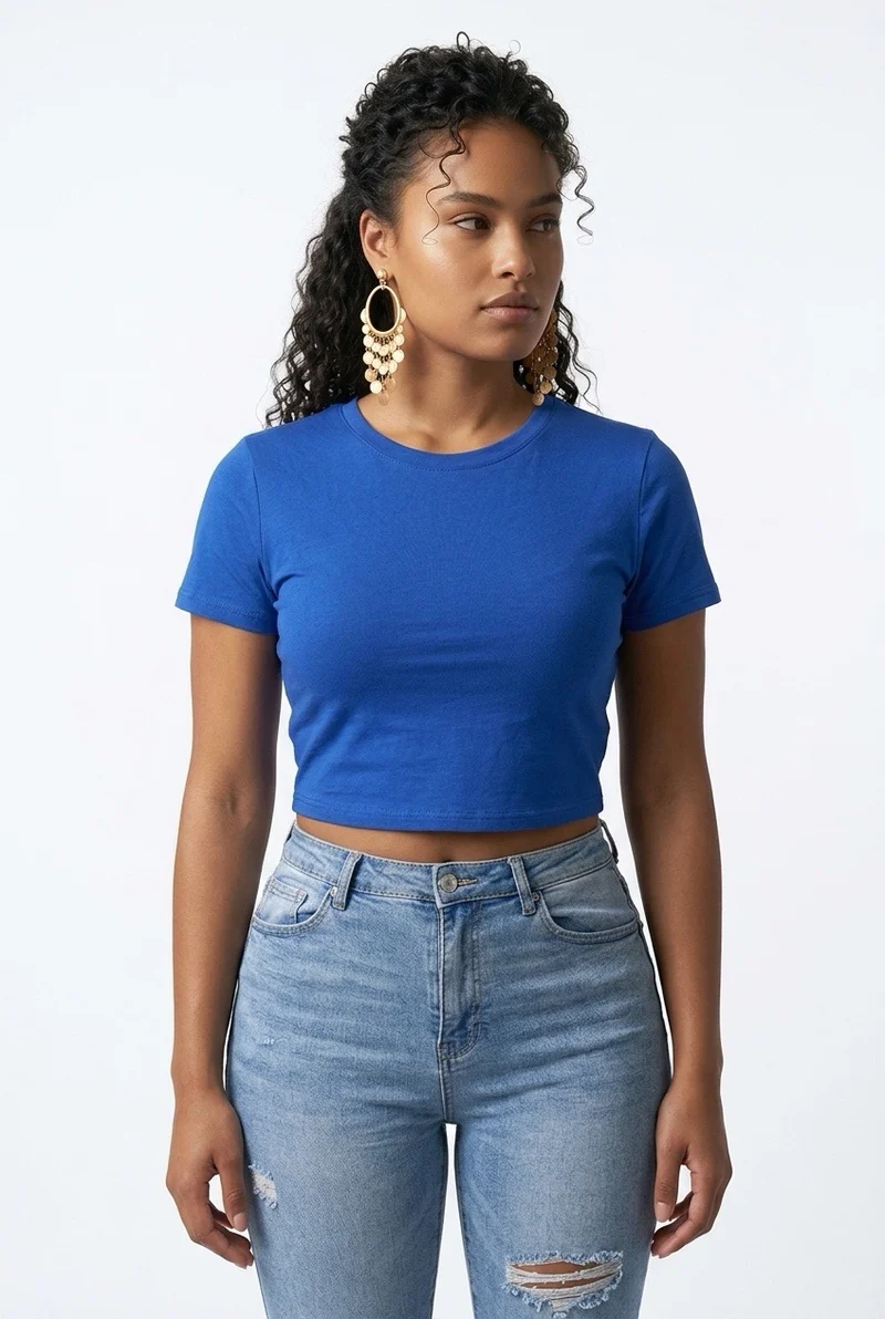 Stylish Sisters Classic Crewneck Short Sleeve Crop Top - Royal Blue
