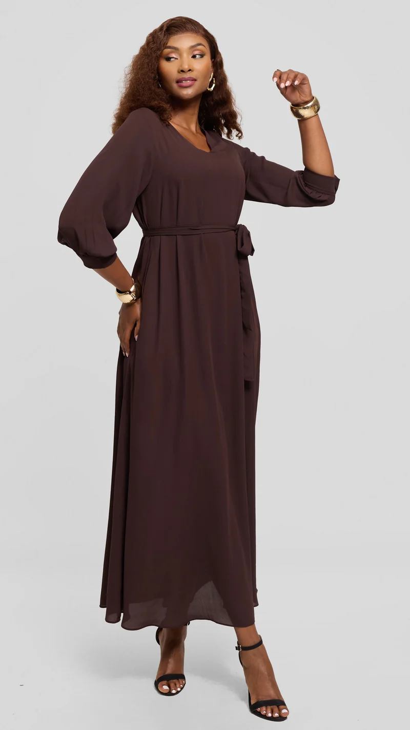 Vivo Hadiya 3/4 Sleeve Maxi Dress in Chiffon - Dark Brown