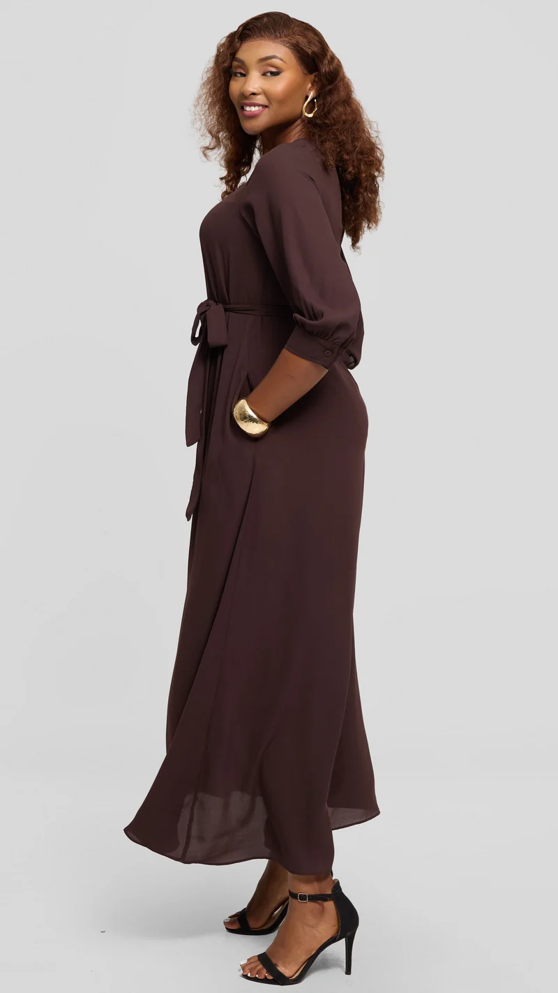 Vivo Hadiya 3/4 Sleeve Maxi Dress in Chiffon - Dark Brown