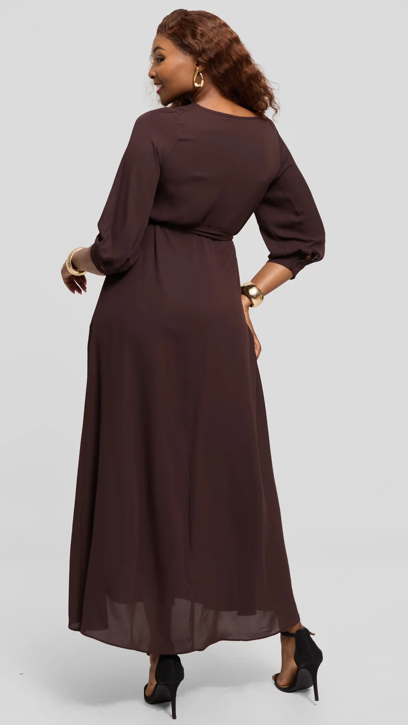 Vivo Hadiya 3/4 Sleeve Maxi Dress in Chiffon - Dark Brown