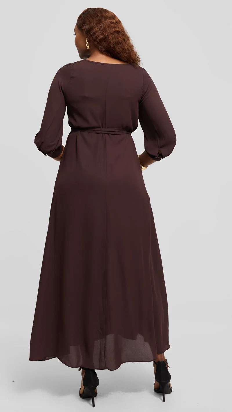 Vivo Hadiya 3/4 Sleeve Maxi Dress in Chiffon - Dark Brown