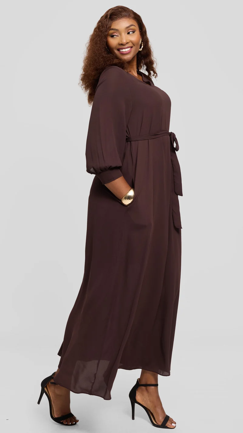 Vivo Hadiya 3/4 Sleeve Maxi Dress in Chiffon - Dark Brown
