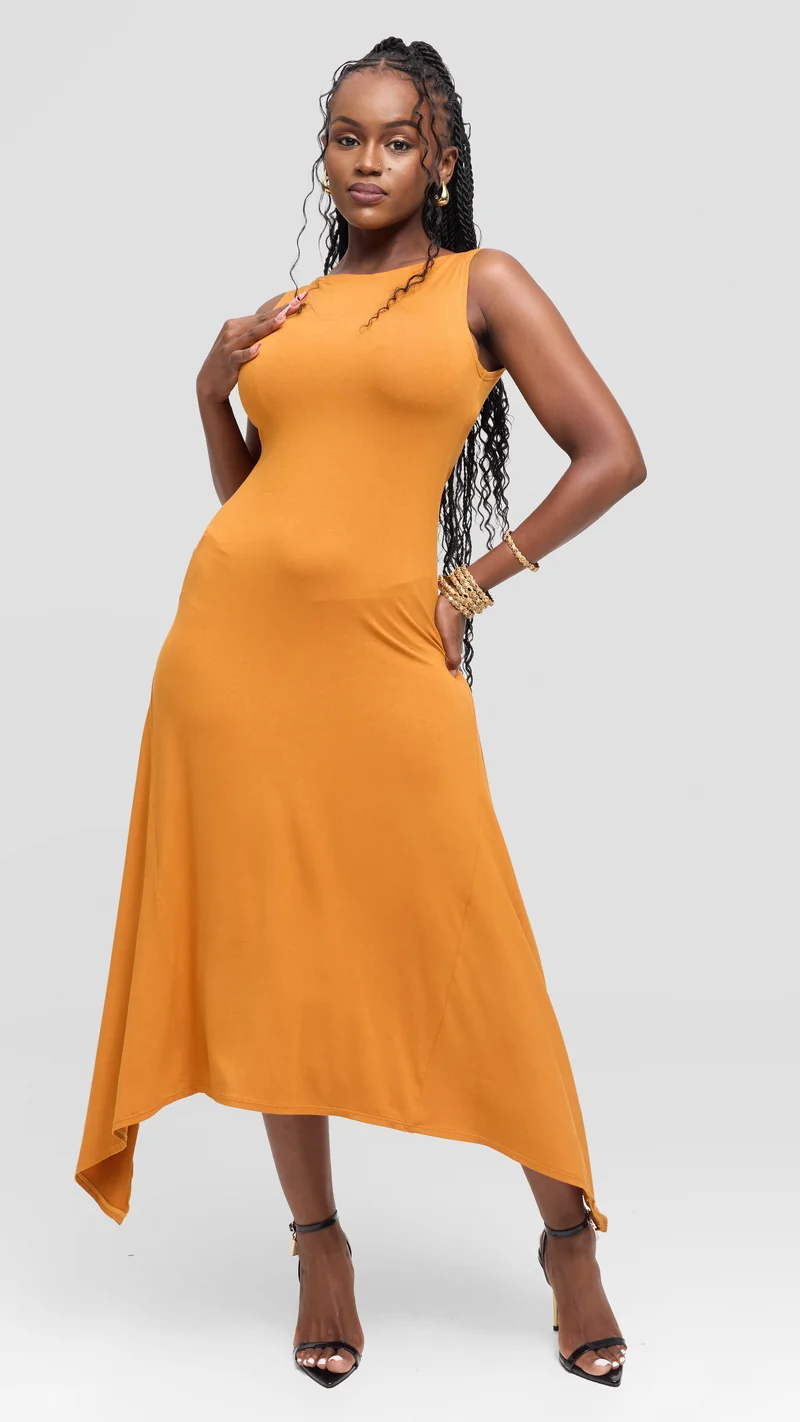 Vivo Sleeveless Godet Midi Dress in Jersey - Dark Mustard