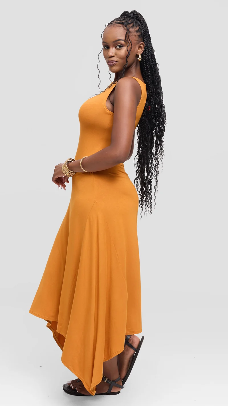 Vivo Sleeveless Godet Midi Dress in Jersey - Dark Mustard