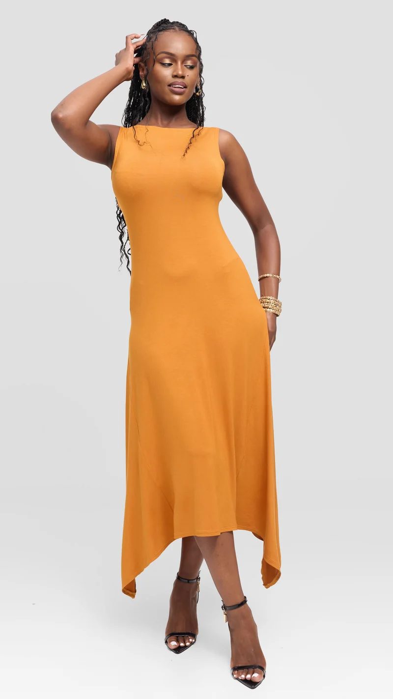 Vivo Sleeveless Godet Midi Dress in Jersey - Dark Mustard