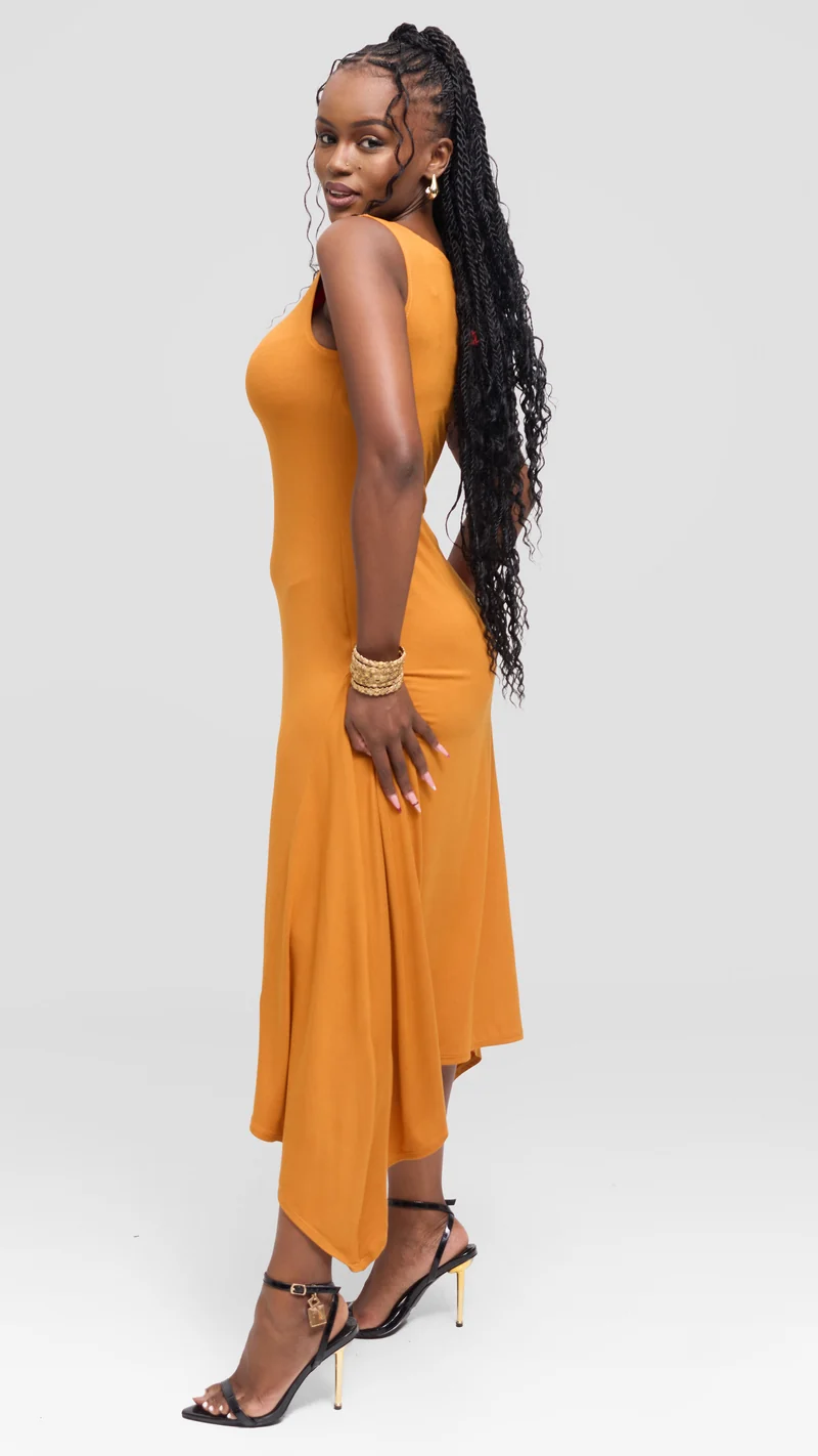 Vivo Sleeveless Godet Midi Dress in Jersey - Dark Mustard