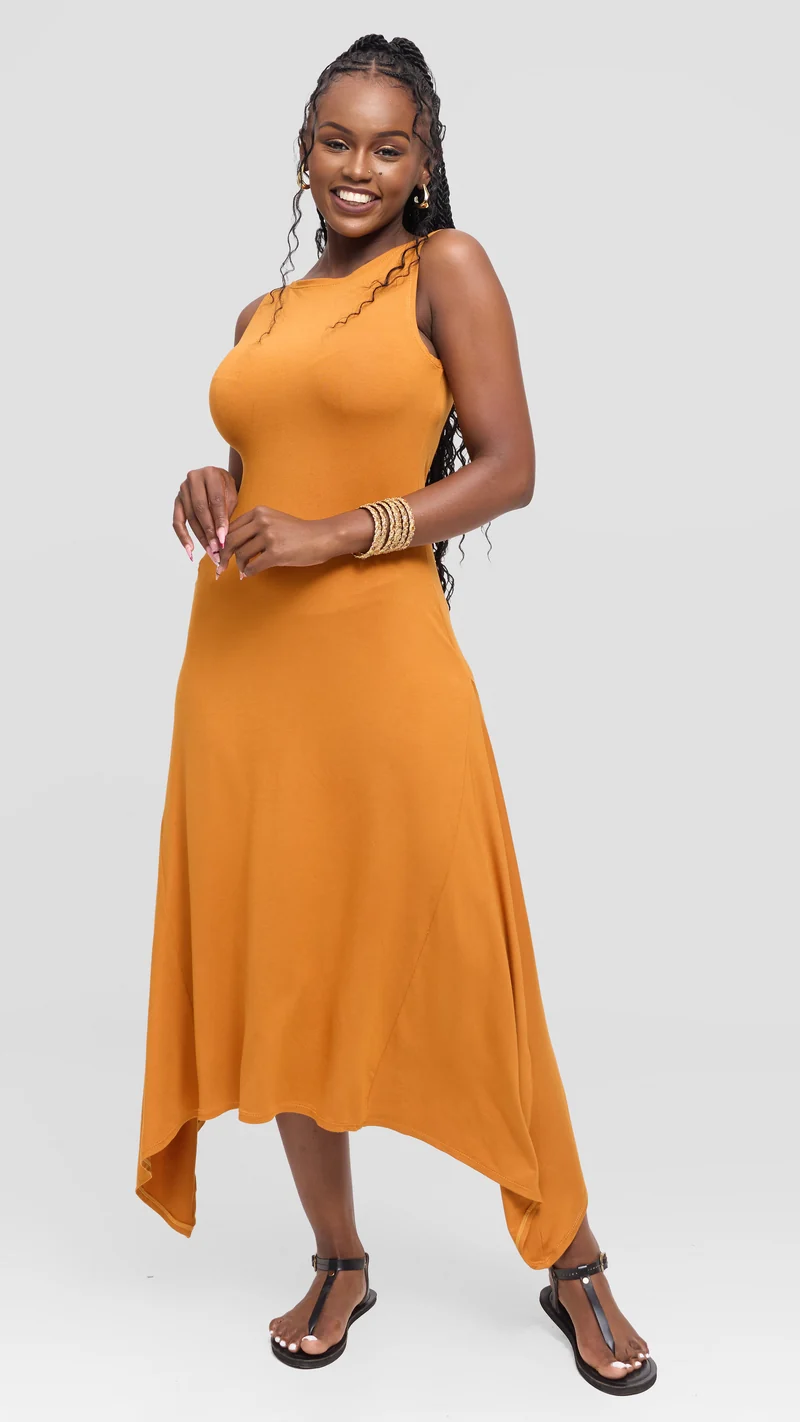 Vivo Sleeveless Godet Midi Dress in Jersey - Dark Mustard