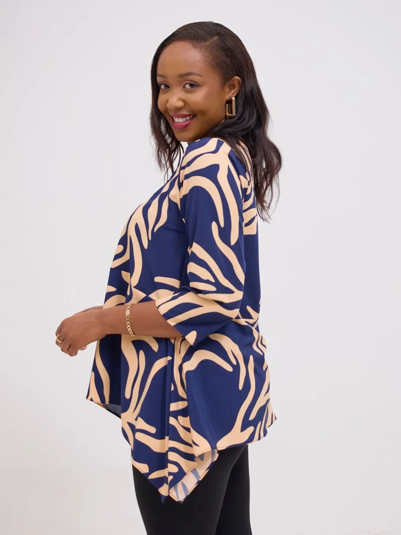 Vivo Soleil Handkerchief Drape Wide Top - Peach / Navy