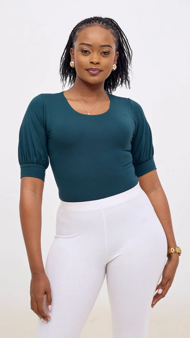 Vivo Tana Puff Sleeve Bodysuit In Jersey - Dark Green