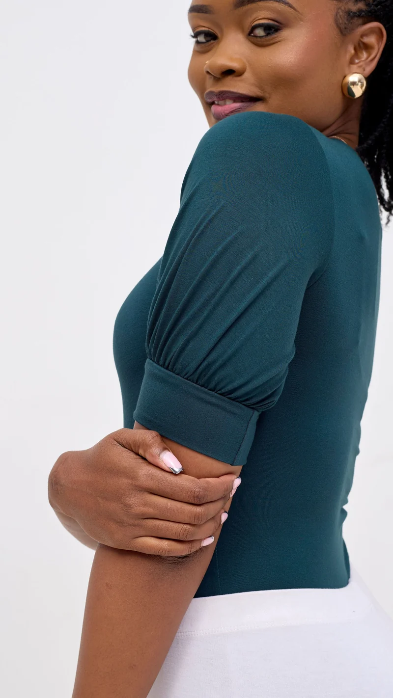 Vivo Tana Puff Sleeve Bodysuit In Jersey - Dark Green
