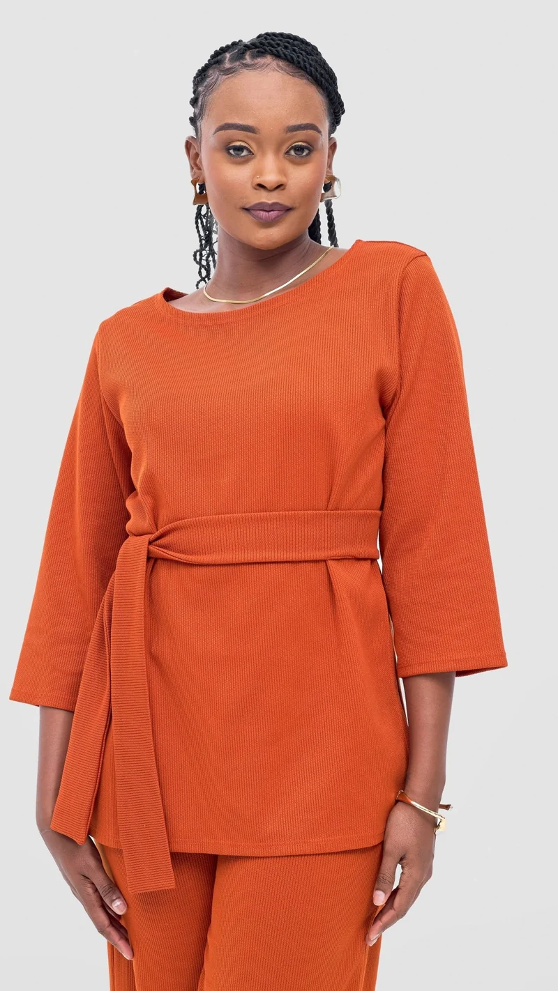 Vivo Rema 3/4 Sleeve Side Slit Tunic Top - Burnt Orange