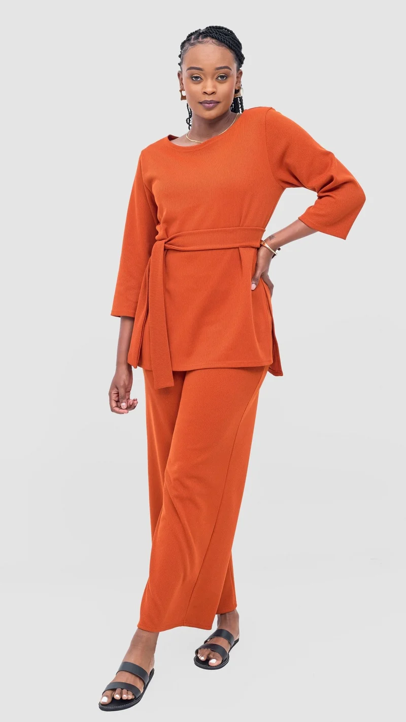 Vivo Rema 3/4 Sleeve Side Slit Tunic Top - Burnt Orange