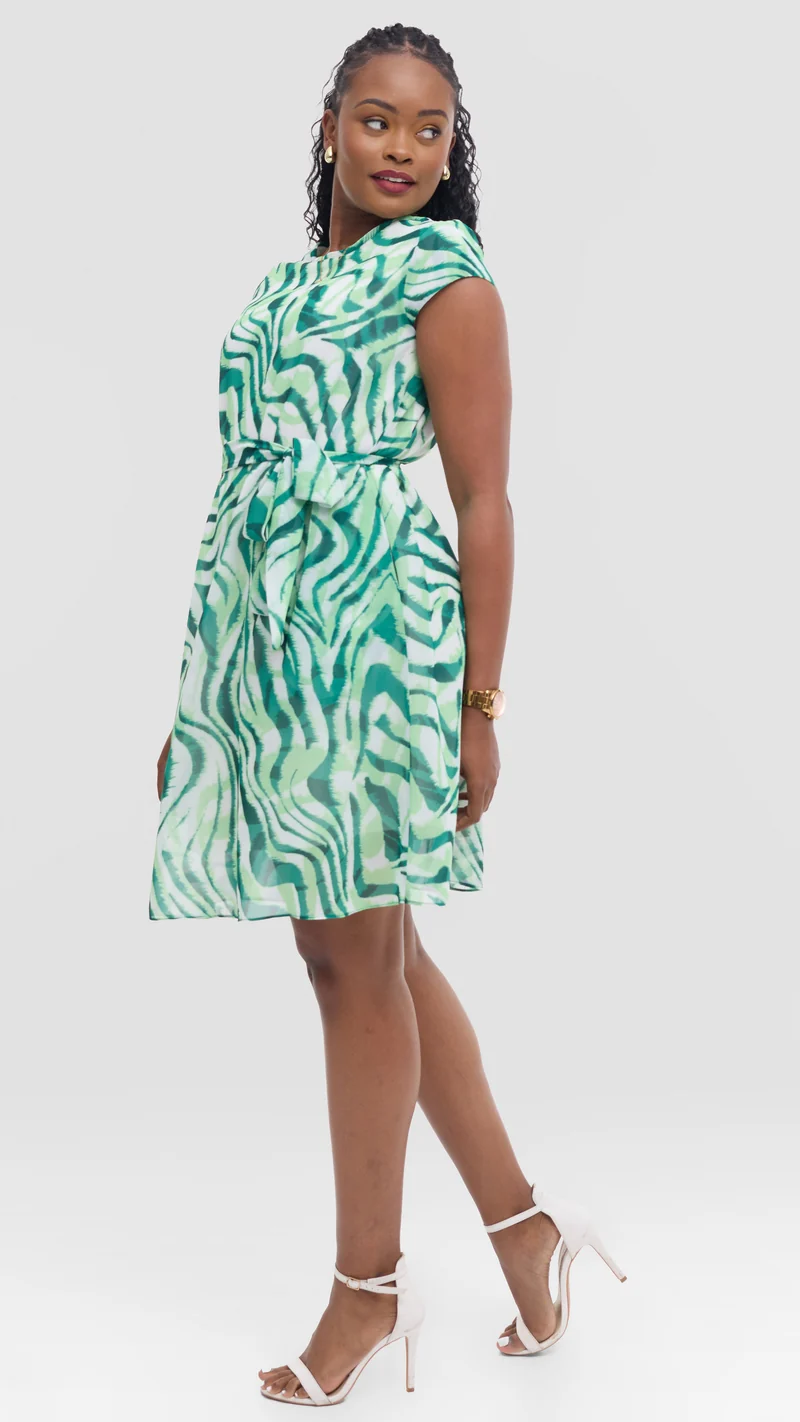 Vivo Basic Knee Length Dress in Chiffon - Green / Cream Print