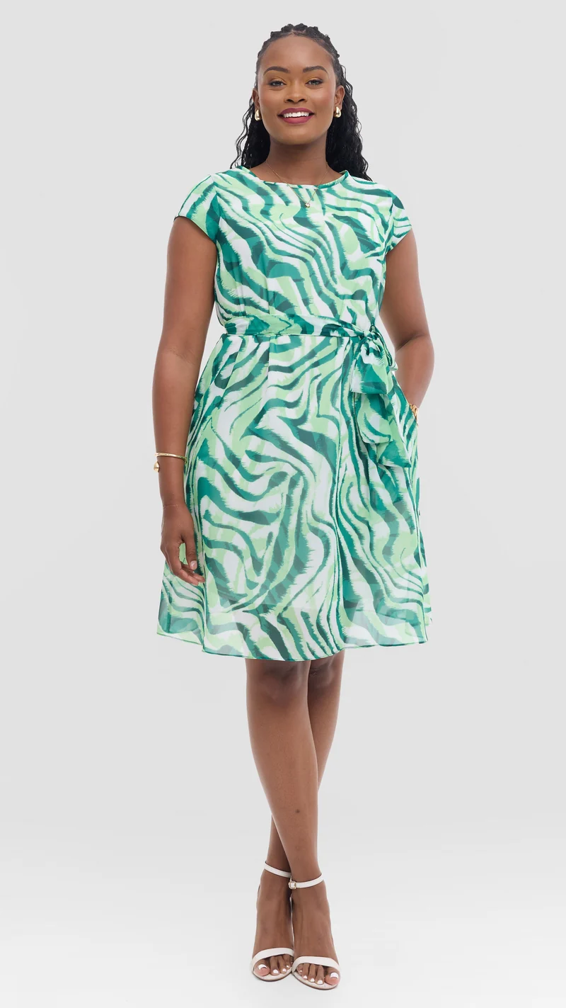 Vivo Basic Knee Length Dress in Chiffon - Green / Cream Print