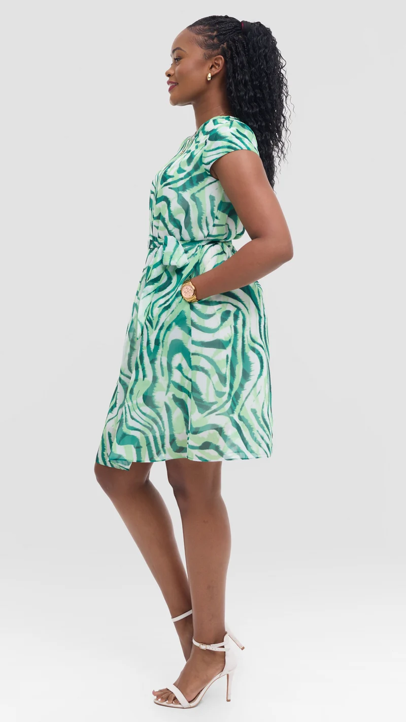 Vivo Basic Knee Length Dress in Chiffon - Green / Cream Print