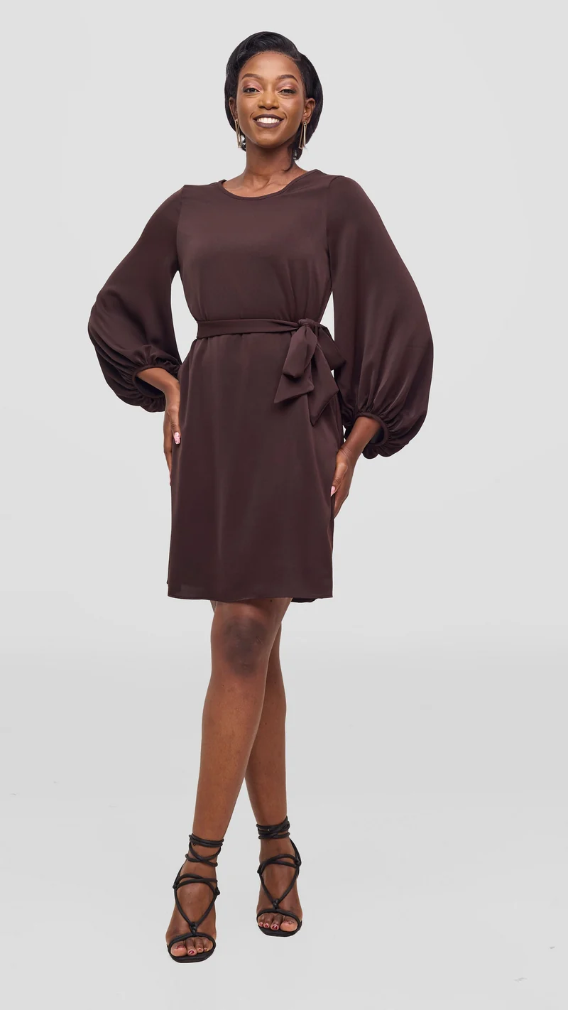 Vivo Naya Bishop Sleeve Shift Dress - Chocolate