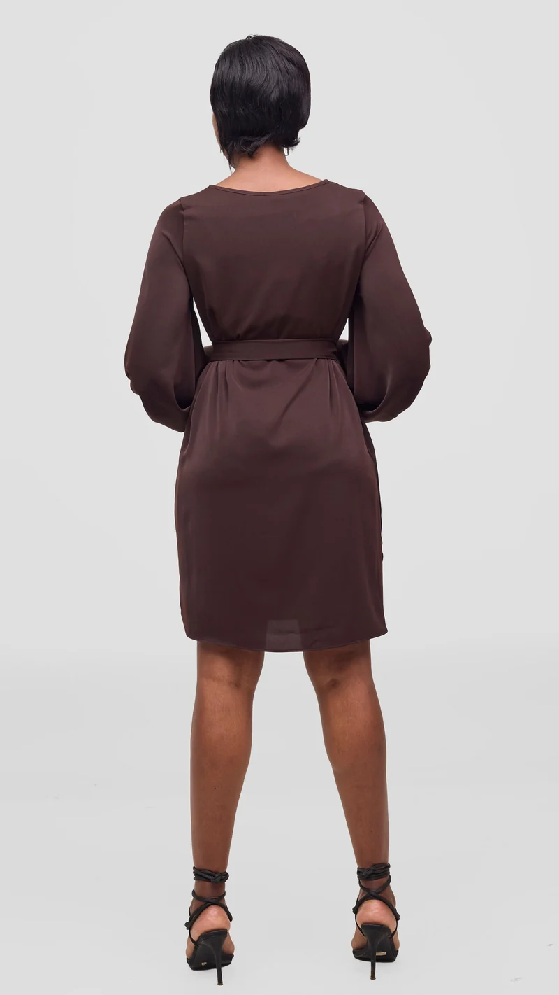 Vivo Naya Bishop Sleeve Shift Dress - Chocolate