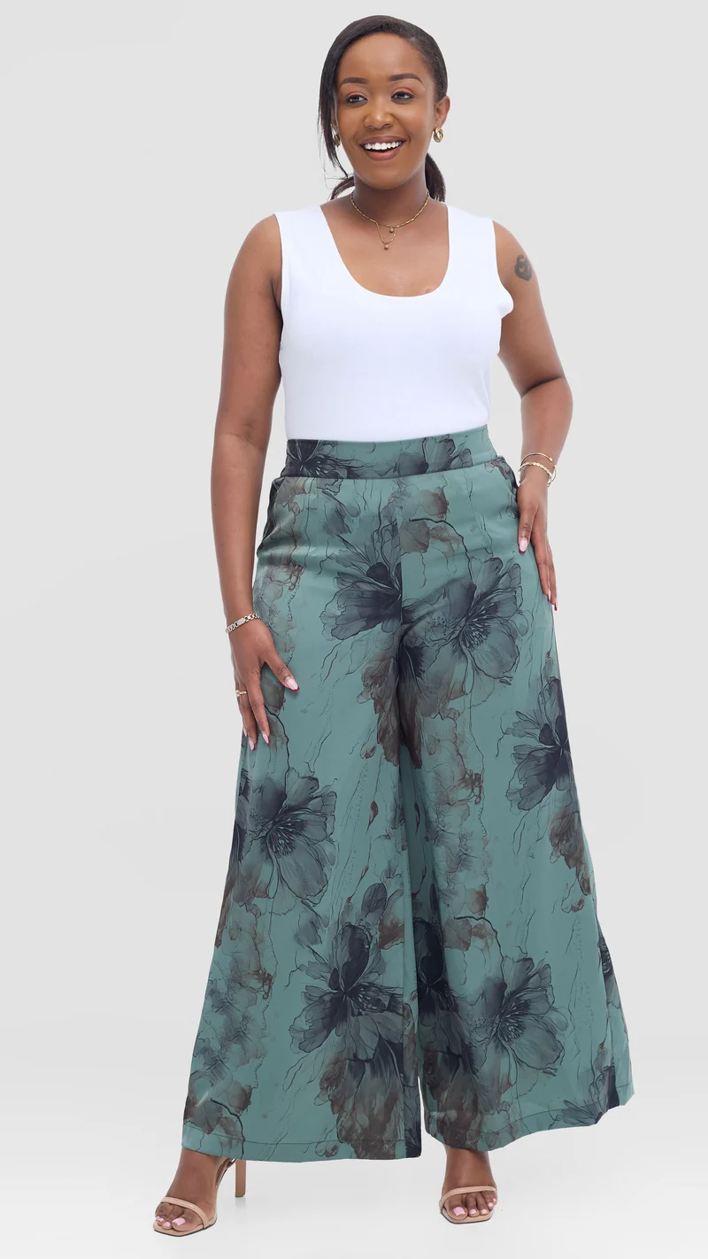 Vivo Wide Leg Pants in Textured Satin - Dusty Green / Black Print