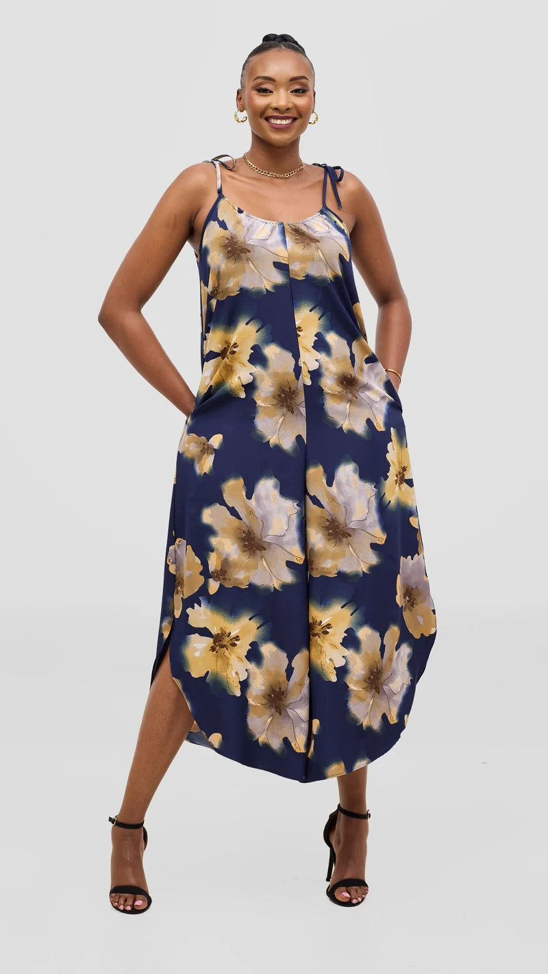 Vivo Liora Strappy Culotte Jumpsuit - Navy / Tan Print