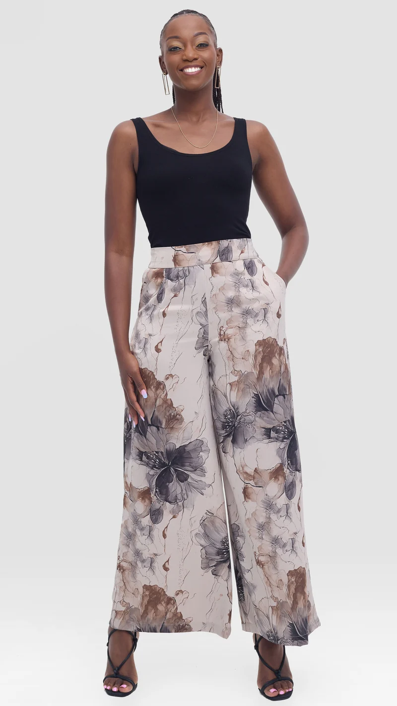 Vivo Maisha Straight Leg Pants in Crepe - Grey / Hunters Print