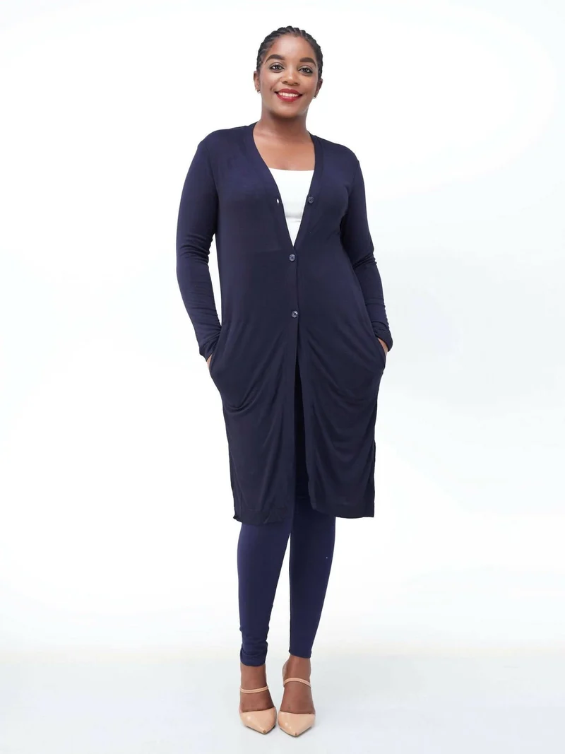 Hessed Long Buttoned Waterfall - Navy Blue