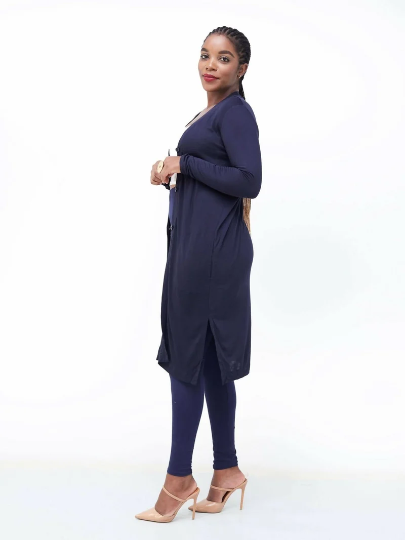 Hessed Long Buttoned Waterfall - Navy Blue
