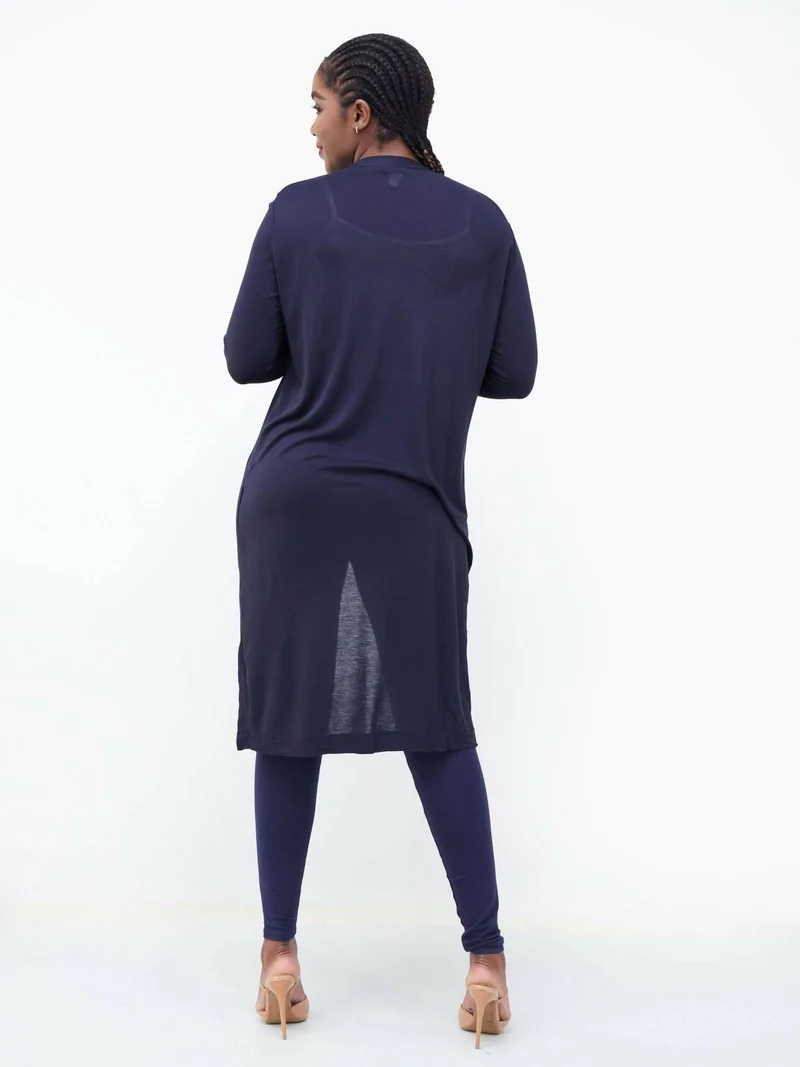 Hessed Long Buttoned Waterfall - Navy Blue
