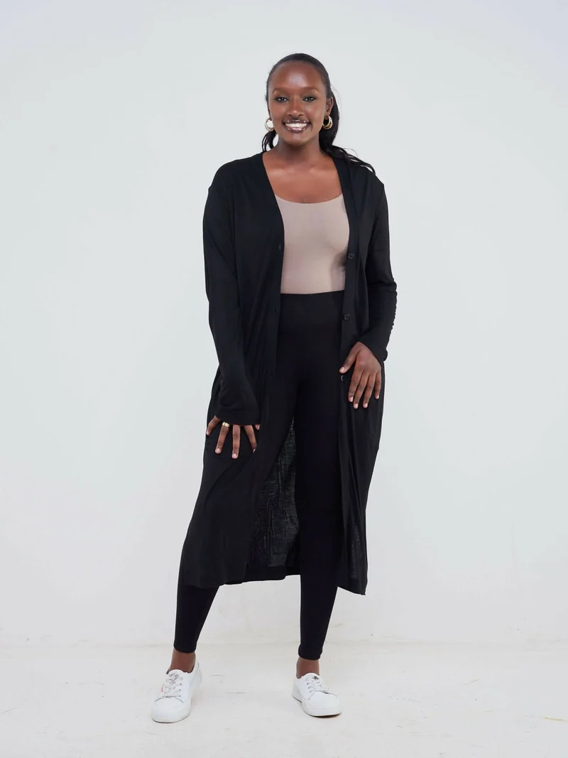 Hessed Long Buttoned Waterfall - Black
