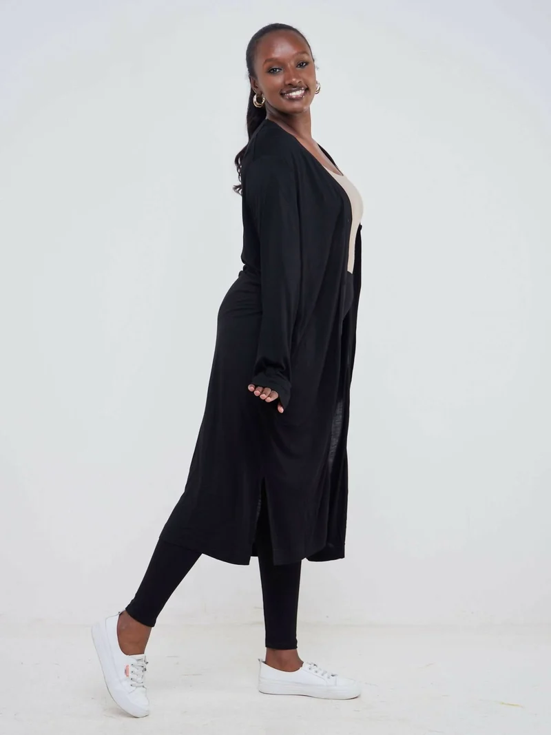 Hessed Long Buttoned Waterfall - Black