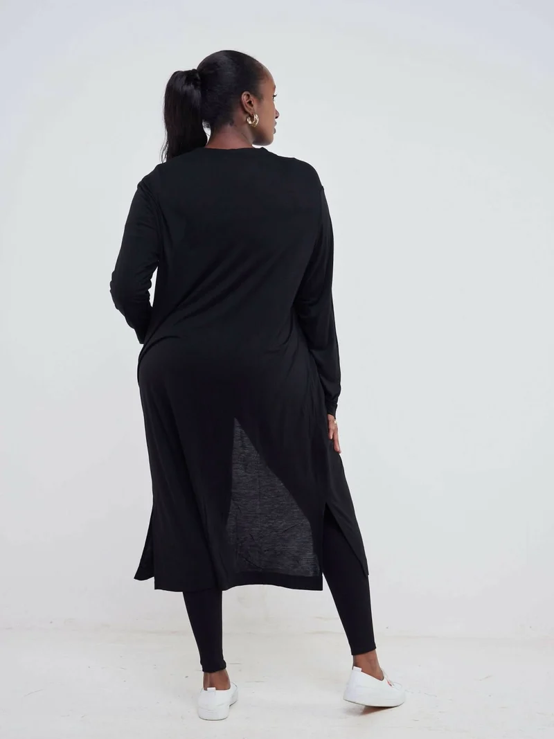 Hessed Long Buttoned Waterfall - Black