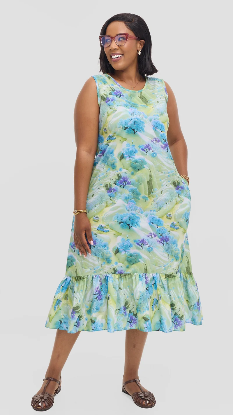Vivo Dalia Sleeveless Tie Midi Dress in Print Cotton - Light Blue Multicolor Print