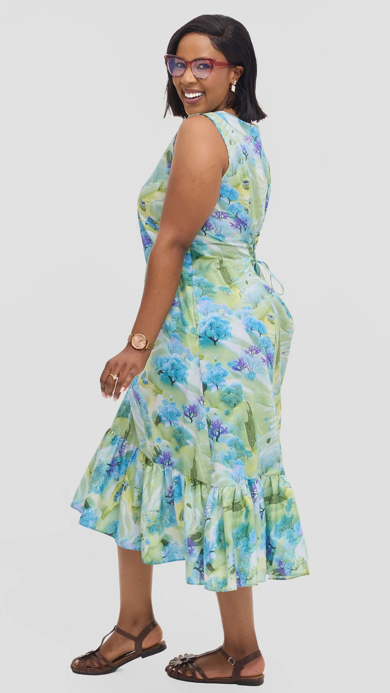 Vivo Dalia Sleeveless Tie Midi Dress in Print Cotton - Light Blue Multicolor Print