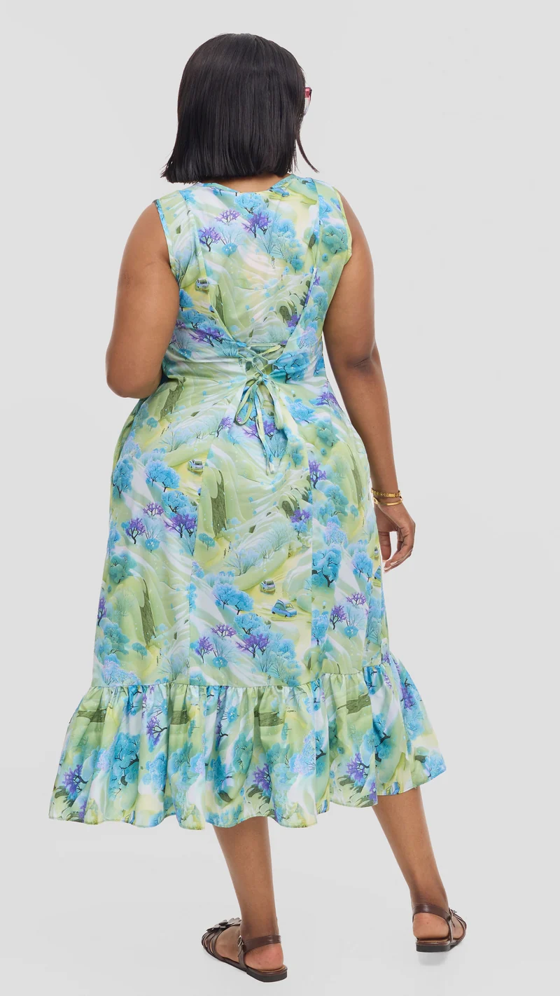 Vivo Dalia Sleeveless Tie Midi Dress in Print Cotton - Light Blue Multicolor Print
