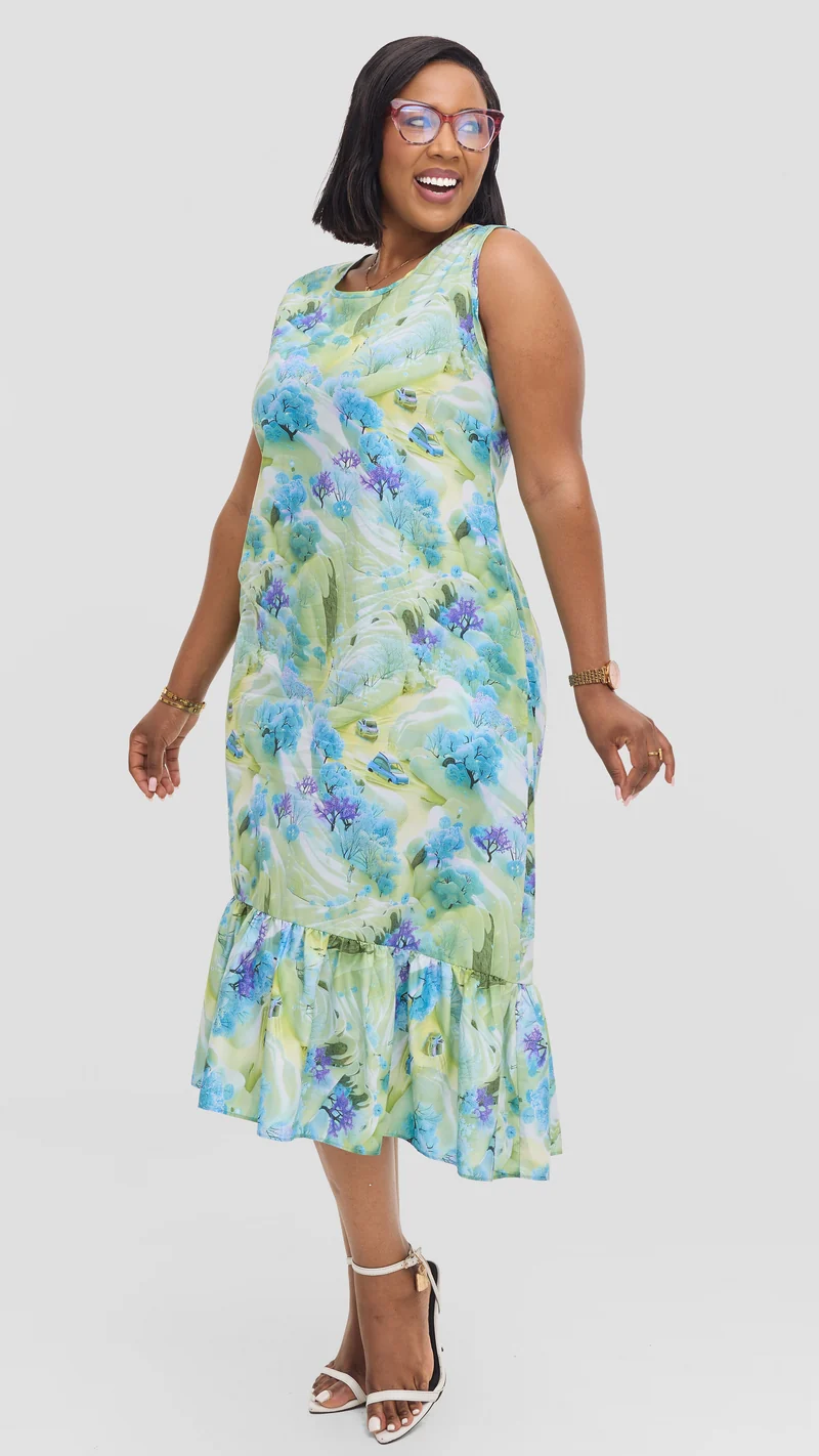 Vivo Dalia Sleeveless Tie Midi Dress in Print Cotton - Light Blue Multicolor Print