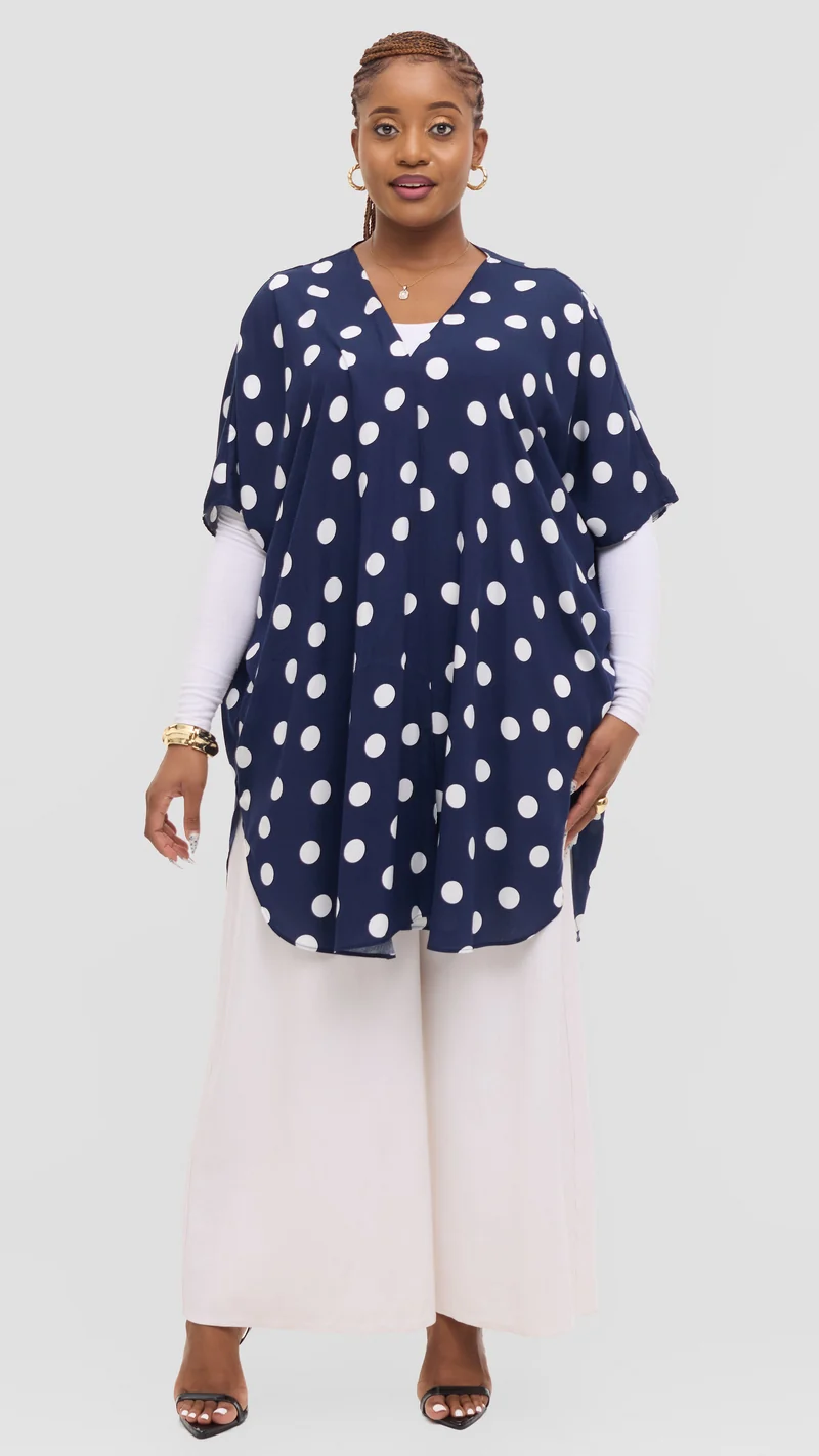 Vivo Samira Wide Kimono in Rayon - Navy / White Polka Dot