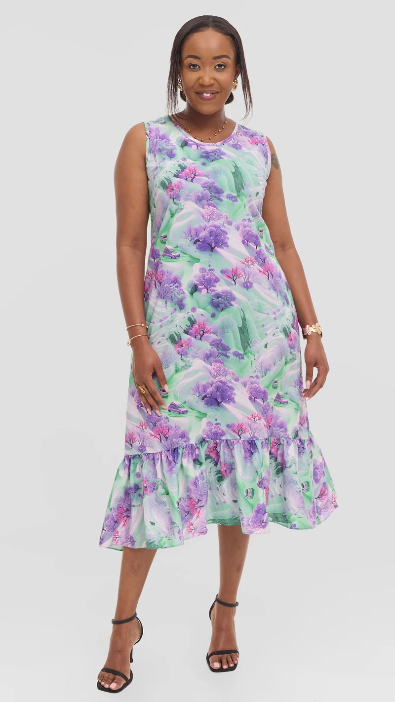 Vivo Dalia Sleeveless Tie Midi Dress in Print Cotton - Purple Multicolor Print